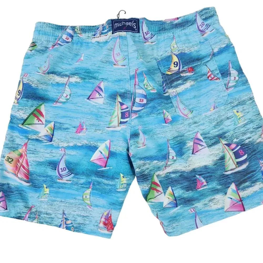 New Michael's Swim Trunks Large, Sailboat Sailing Print Blue, Lined Swim Trunks